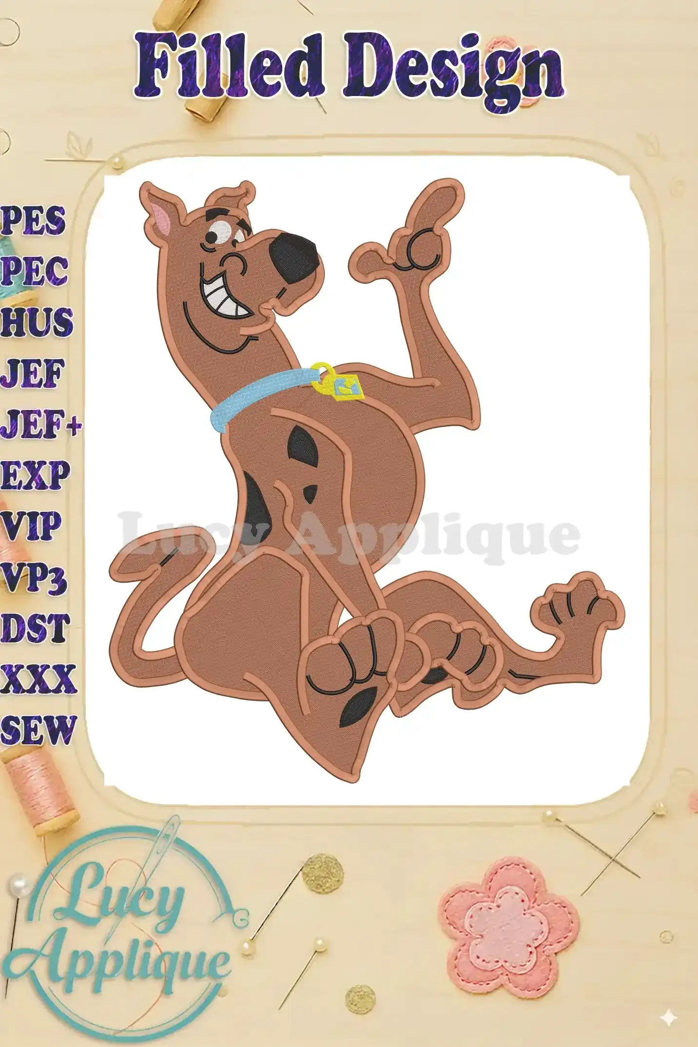 A charming filled embroidery design of Scooby Doo, the famous cartoon dog, sitting and waving. The design is set against a white background, within a decorative frame.