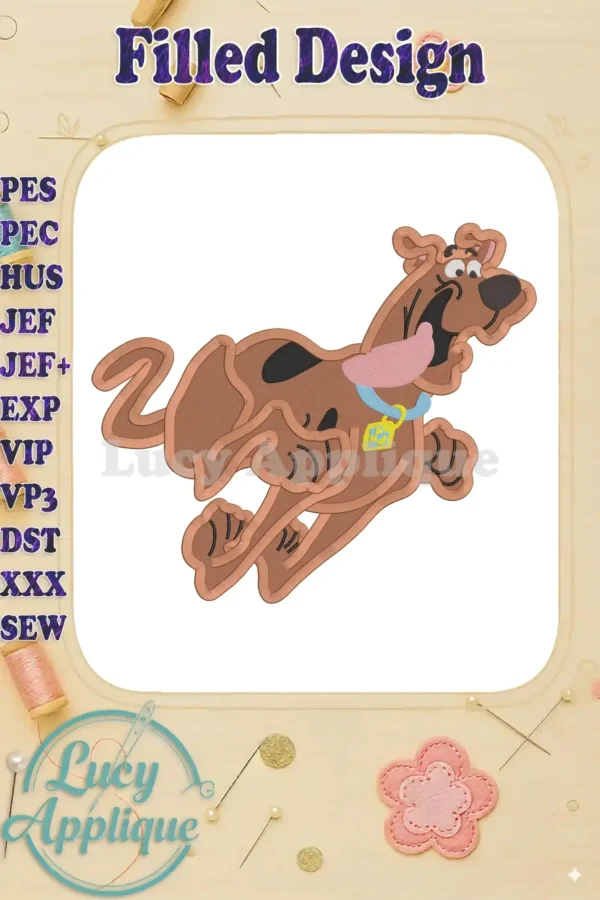 Embroidery design of Scooby Doo running, in brown and beige tones, with a filled stitch style. The design is set against a white background with design specs.