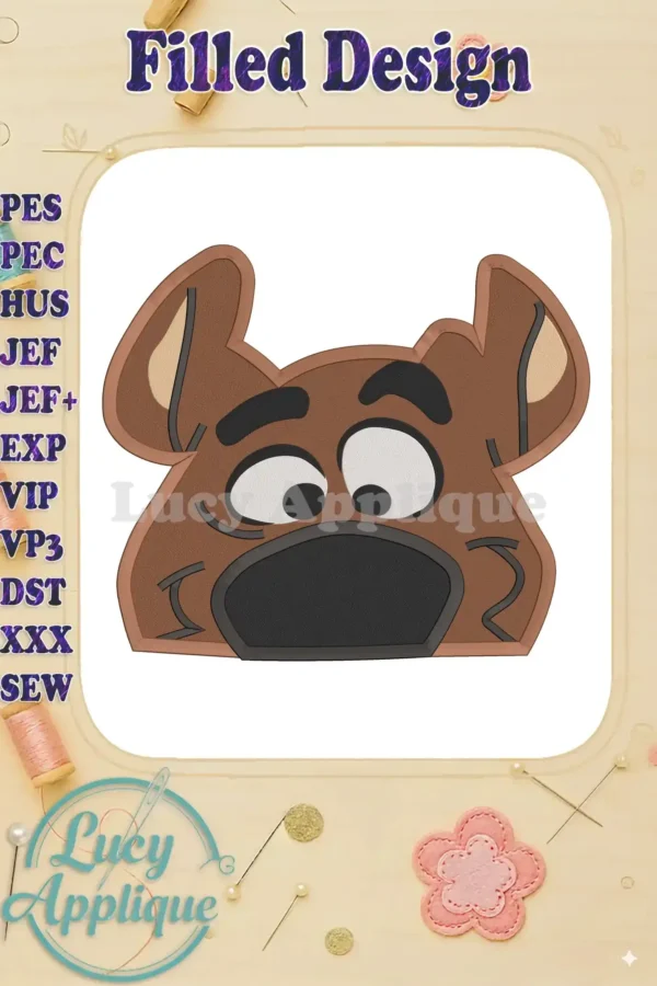 Embroidery design of Scooby Doo's face, showcasing a filled stitch style. The design is presented on a mock-up, displaying its size and detail.