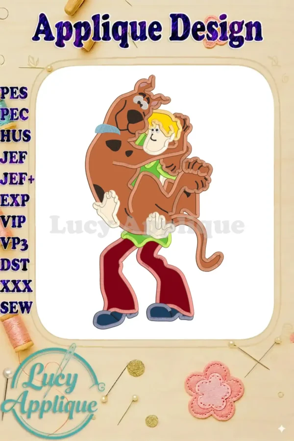 Main image showcasing a delightful applique design of Scooby Doo carrying Shaggy. The design is vibrant and ready to be stitched onto various fabrics.