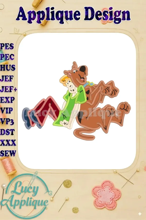 Applique design of Scooby Doo and Shaggy Rogers. The playful duo sits together in a hug, ready to be stitched onto your projects!