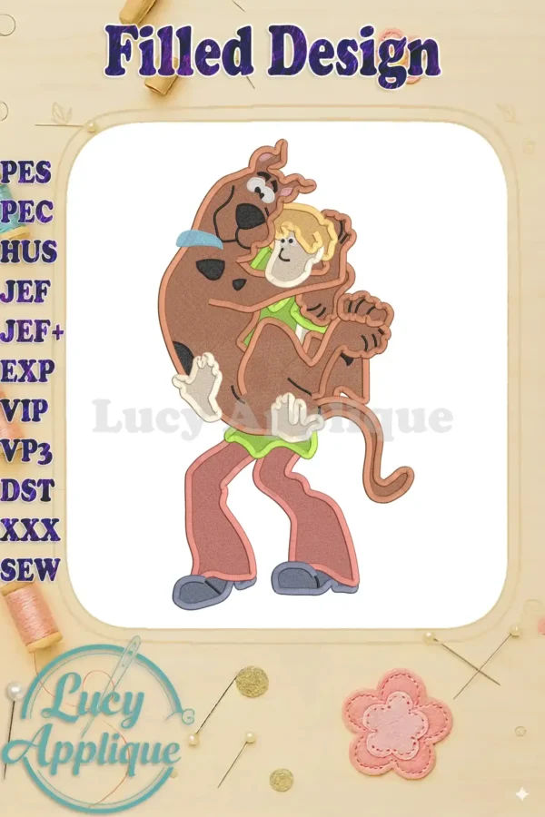 Embroidery design of Scooby Doo carrying Shaggy, showcasing filled stitching. This image provides a detailed view of the finished product.