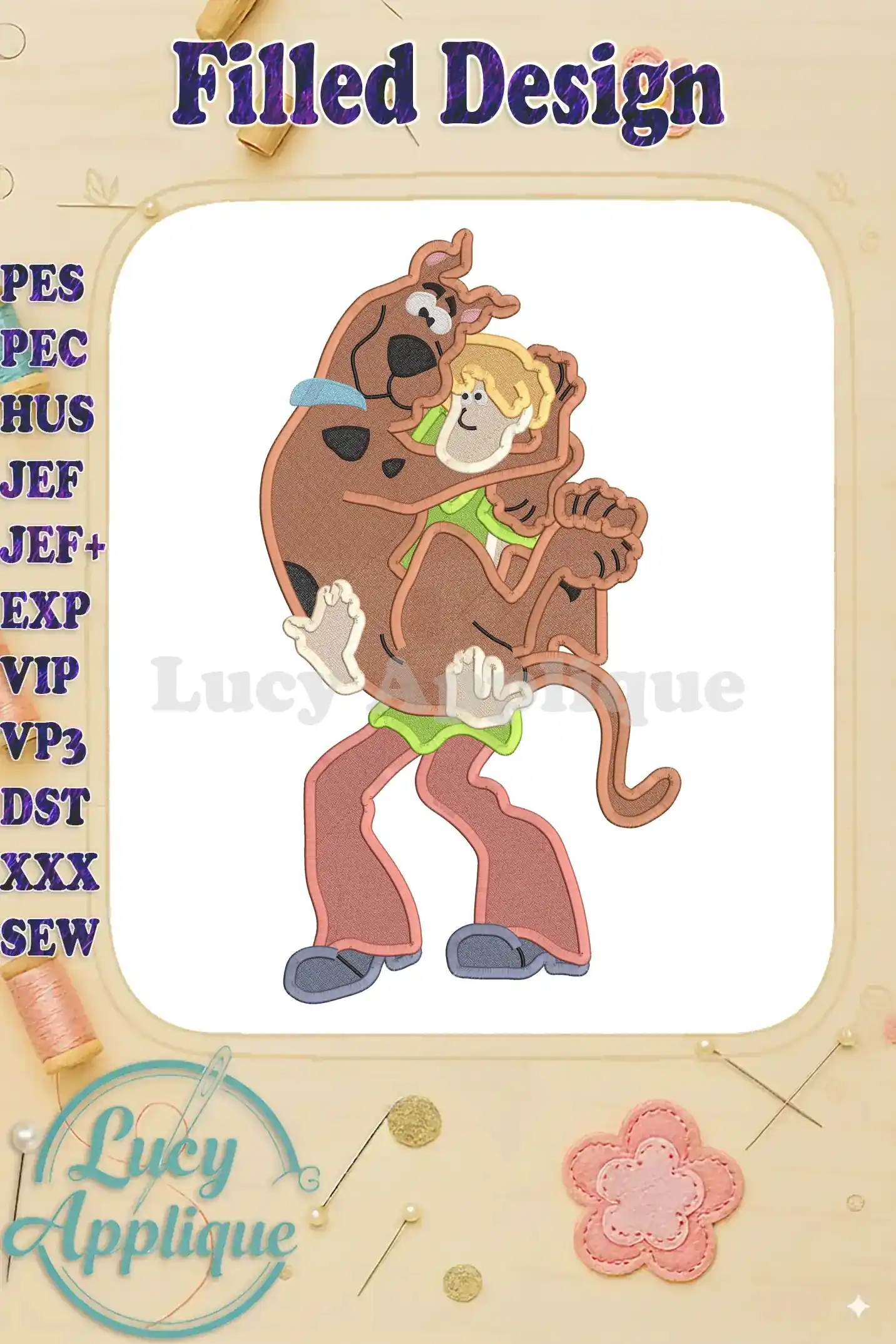 Embroidery design of Scooby Doo carrying Shaggy, showcasing filled stitching. This image provides a detailed view of the finished product.