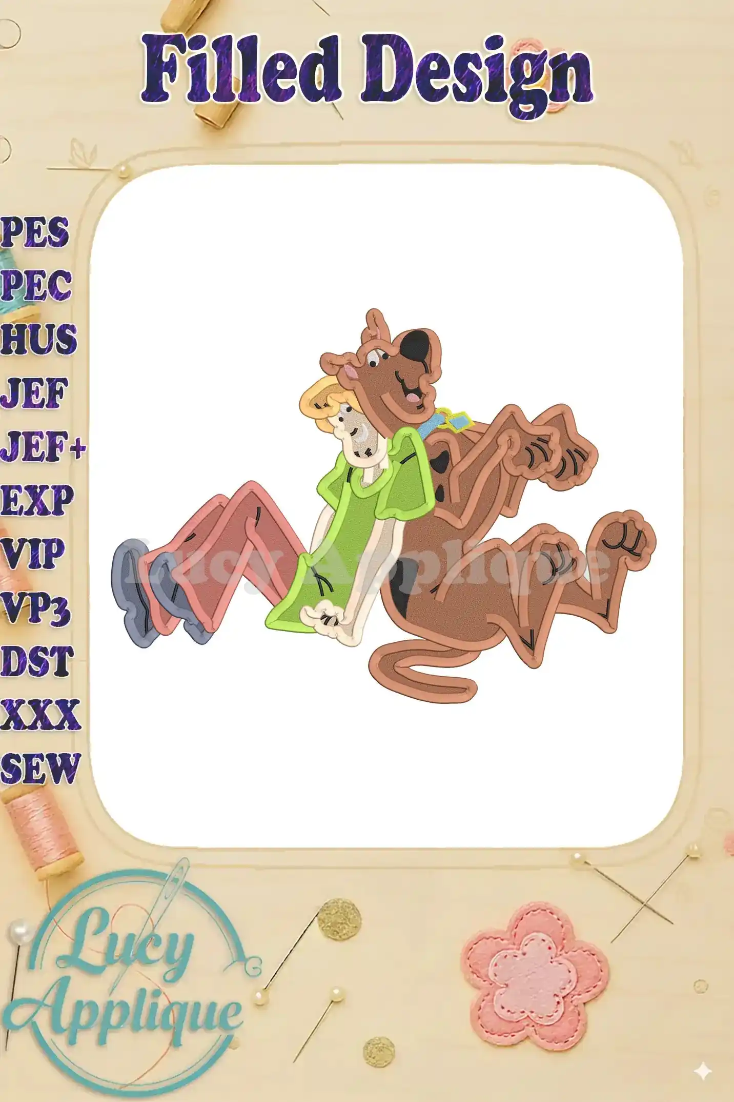 Embroidery design featuring Scooby Doo and Shaggy from Scooby Doo, sitting together in a playful pose. Filled design, ready to stitch.