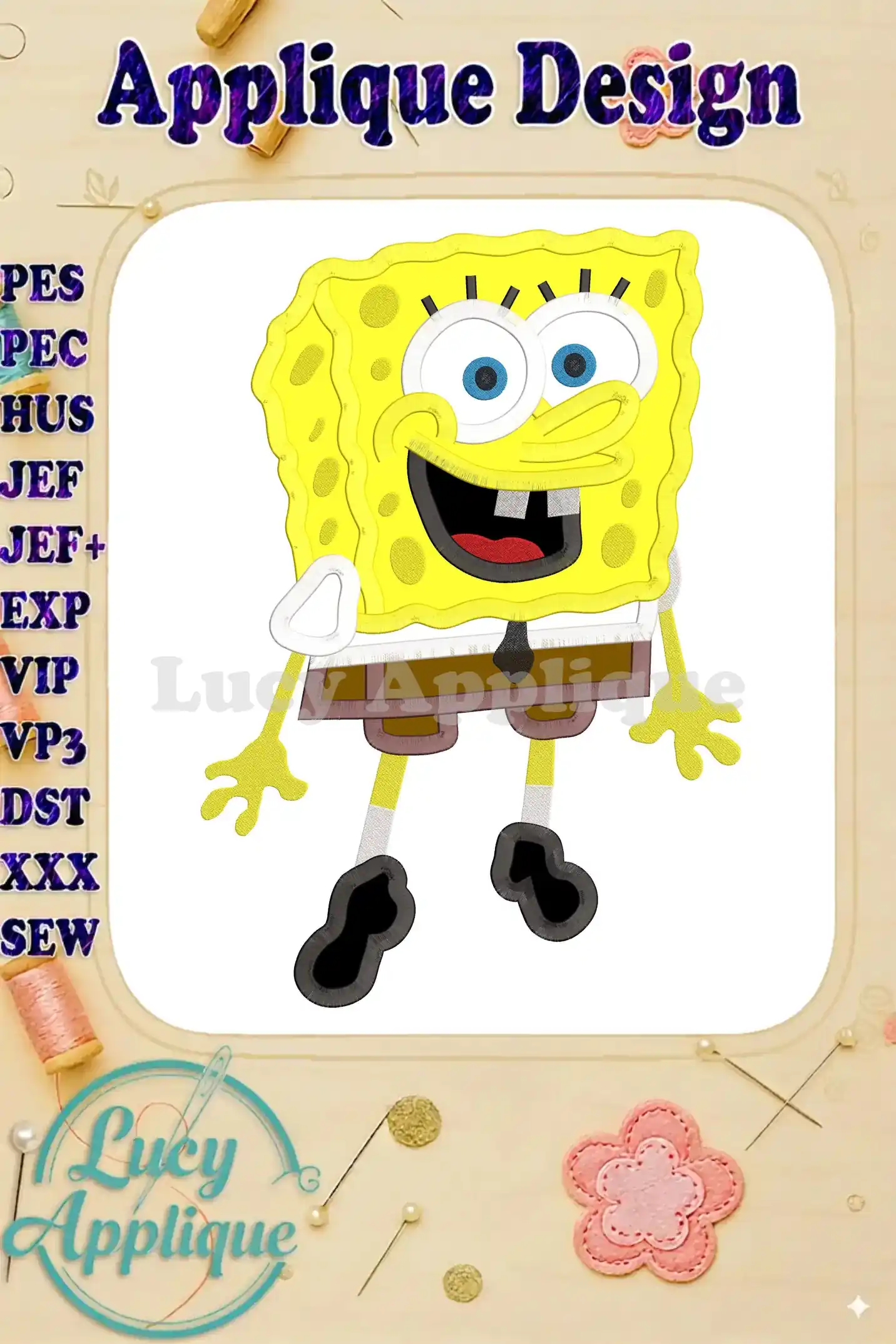 SpongeBob SquarePants applique embroidery design in yellow and brown, ready to be stitched. Includes various machine embroidery file formats.