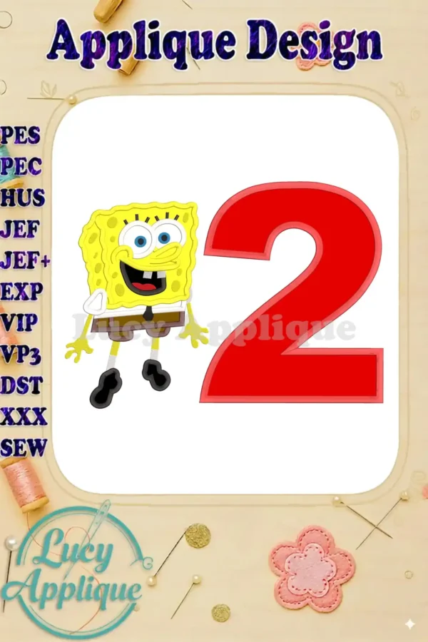 SpongeBob Squarepants and the number 2 in applique design, ready to be embroidered. Perfect for a birthday celebration.