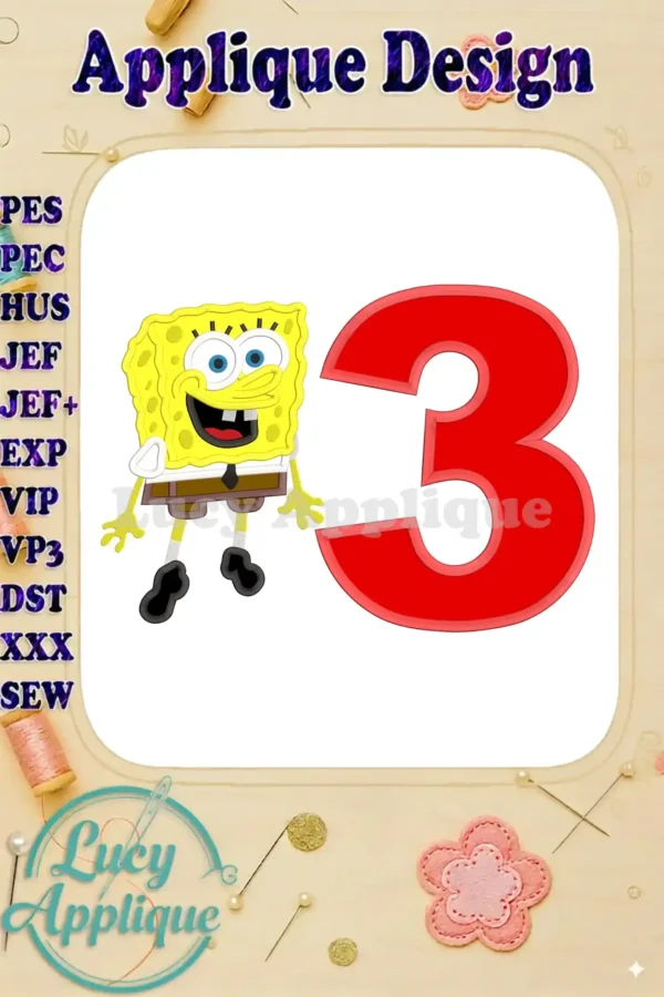 SpongeBob Squarepants and the number 3 in red, ready-to-embroider applique design. Includes various file formats for different embroidery machines.