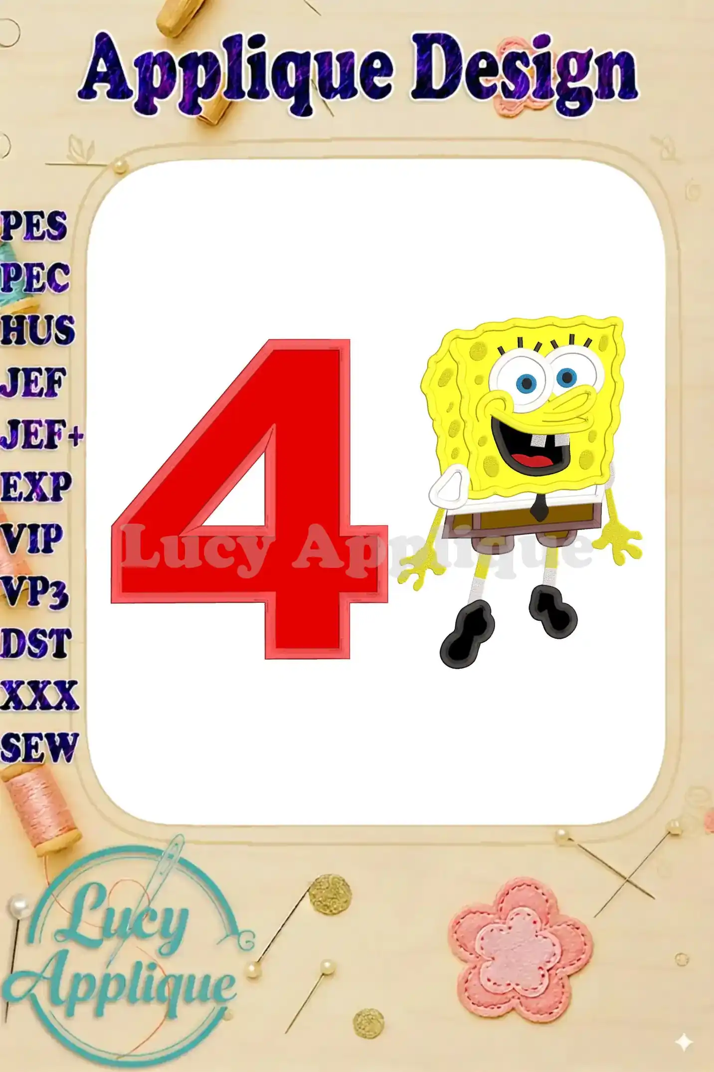 SpongeBob SquarePants applique design featuring the number 4, suitable for birthday celebrations. The design includes a red number 4 and SpongeBob in a suit.