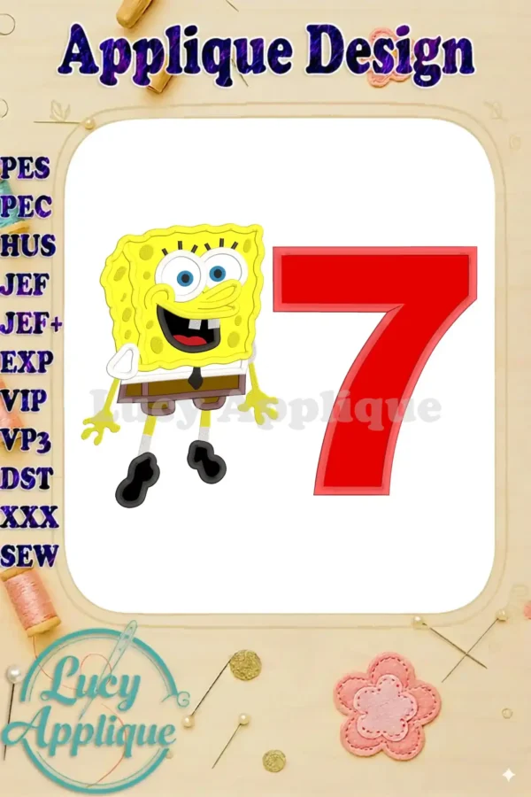 SpongeBob SquarePants applique design featuring SpongeBob and the number 7, perfect for birthdays. This high-quality design is easy to use and adds a fun, personalized touch to any project.