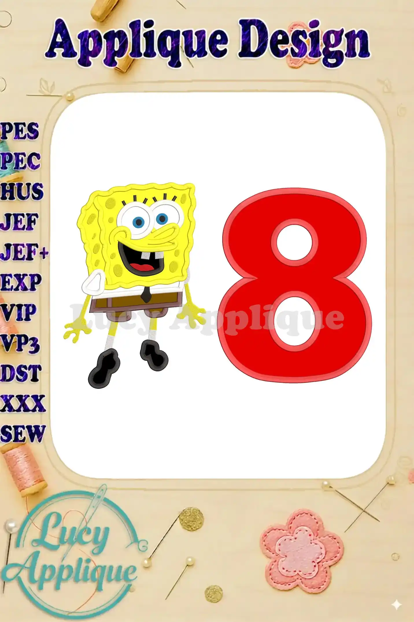 SpongeBob Squarepants and the number 8 in applique embroidery design, ready to be stitched. The design is cheerful and perfect for birthday celebrations.