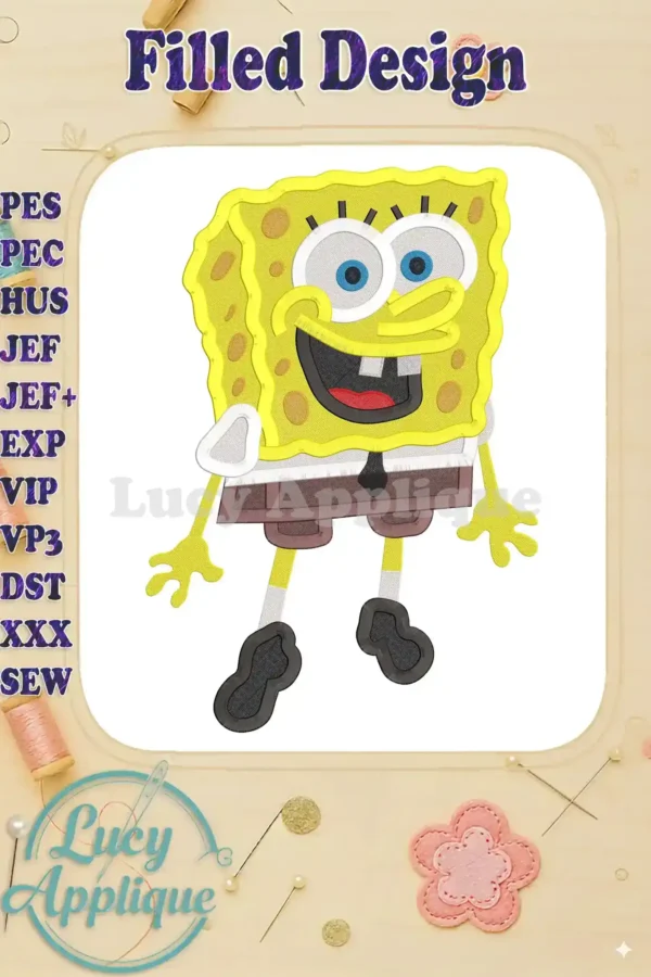 A charming filled stitch embroidery design of SpongeBob Squarepants, showcasing his signature grin and attire. The design is set against a clean white background, ideal for various applications.