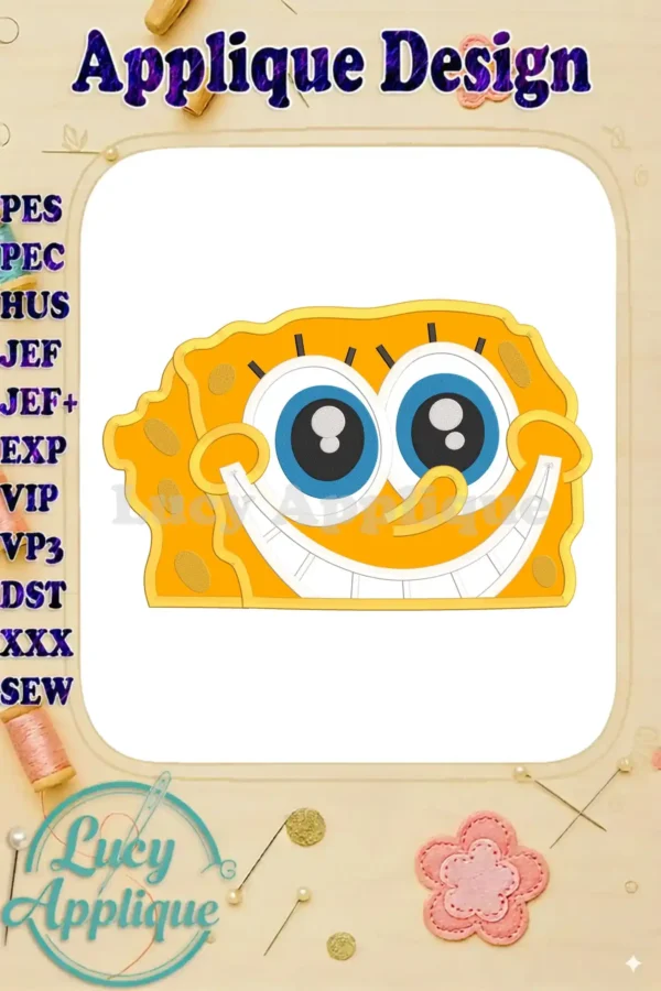 Main image showcasing a cheerful SpongeBob SquarePants applique embroidery design, ready to be stitched. The design is presented on a white background with a simple frame.