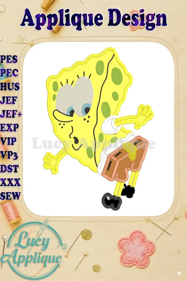 SpongeBob SquarePants applique embroidery design. The design shows SpongeBob from behind, in his signature pose. Detailed instructions are also included.