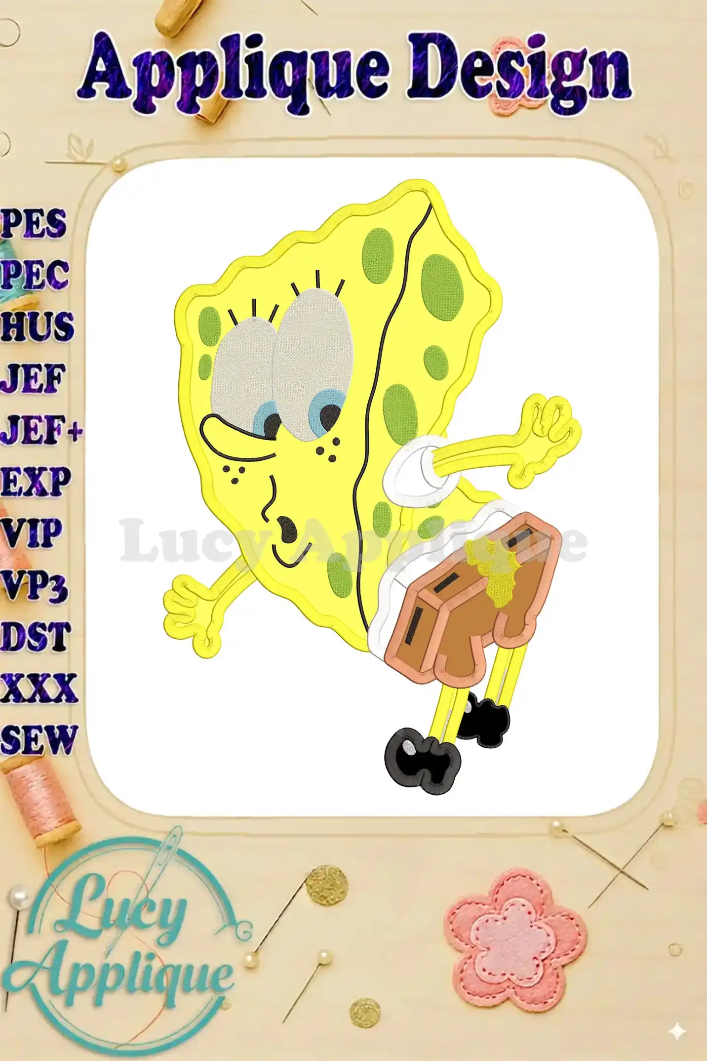 SpongeBob SquarePants applique embroidery design. The design shows SpongeBob from behind, in his signature pose. Detailed instructions are also included.