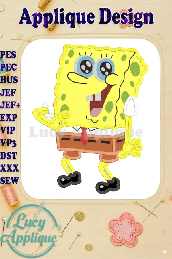 Main image showcasing a charming SpongeBob SquarePants applique embroidery design, ready to be stitched. Various file formats are listed.