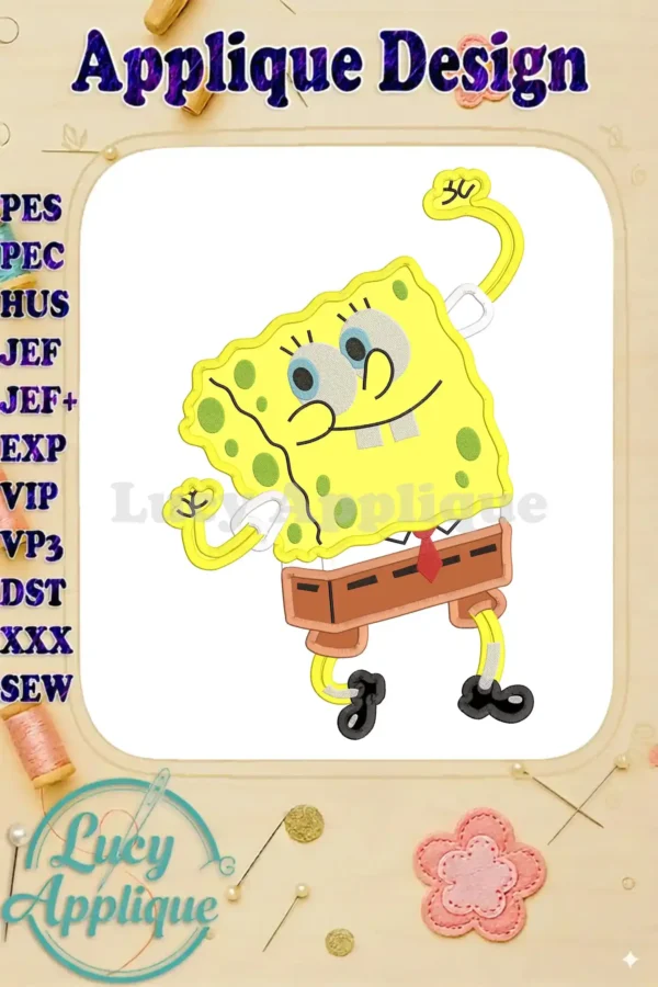 A cheerful SpongeBob SquarePants applique embroidery design, ready to be stitched. The design showcases SpongeBob in his iconic pose, with vibrant, detailed features. Perfect for adding a fun touch to various projects.