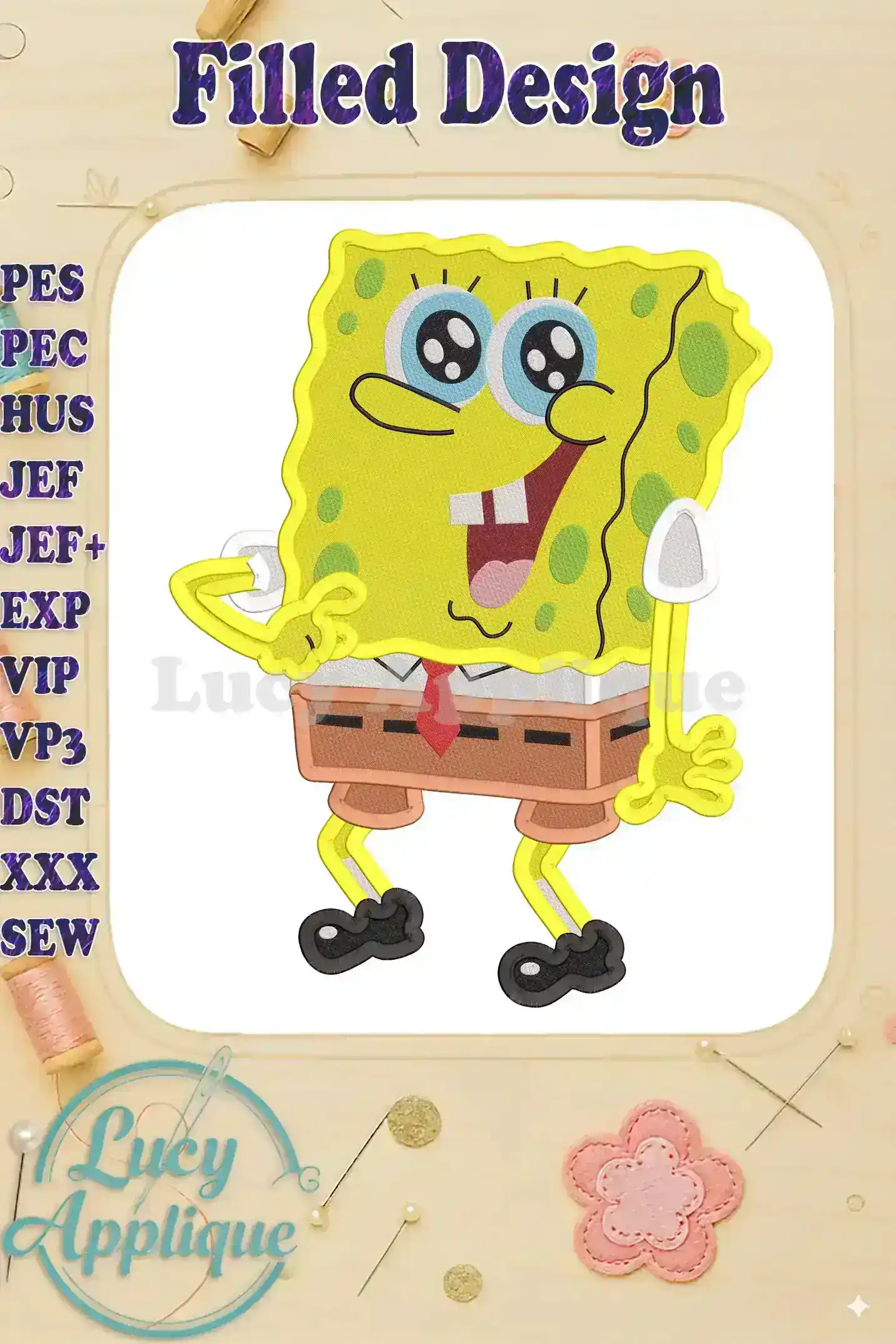 A charming, filled embroidery design of SpongeBob SquarePants. The design showcases SpongeBob in his iconic pose, with meticulous detail and vibrant colors.
