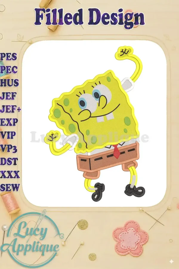 A vibrant, filled embroidery design of SpongeBob SquarePants, showcasing his signature cheerful pose and attire. Perfect for adding a fun, playful touch to any project.