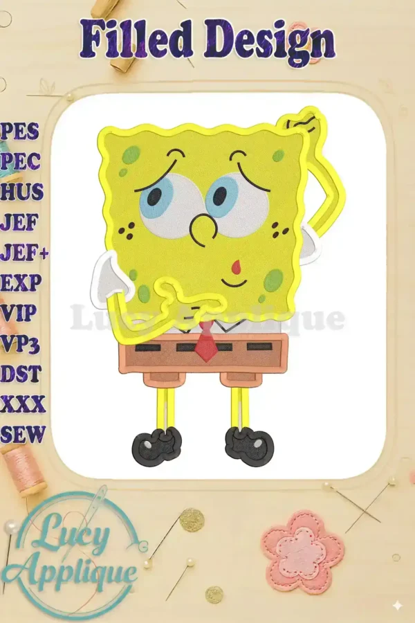 A charming filled embroidery design of SpongeBob SquarePants, showcasing his signature pensive expression and attire, ready to be stitched.