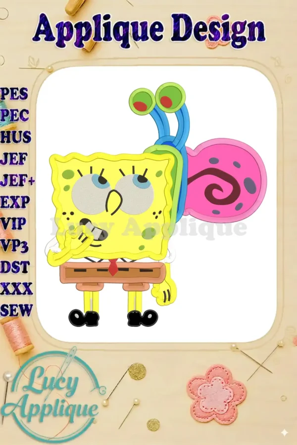 Main image showcasing a vibrant applique design of SpongeBob Squarepants and Gary the Snail, ready to be stitched. The design is detailed and colorful.
