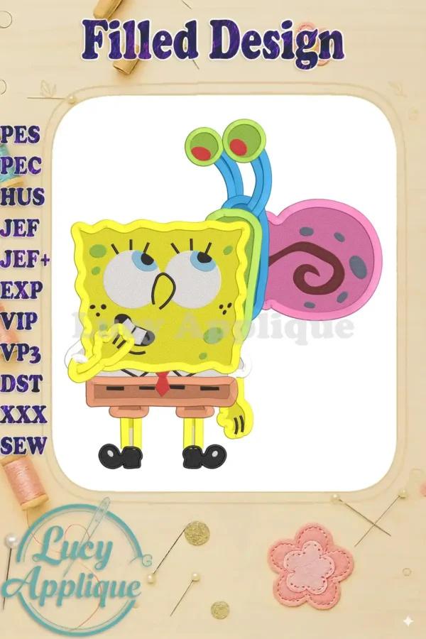 Main image showcasing a filled embroidery design of SpongeBob SquarePants and Gary the Snail. Bright, cheerful colors and a detailed, adorable design.