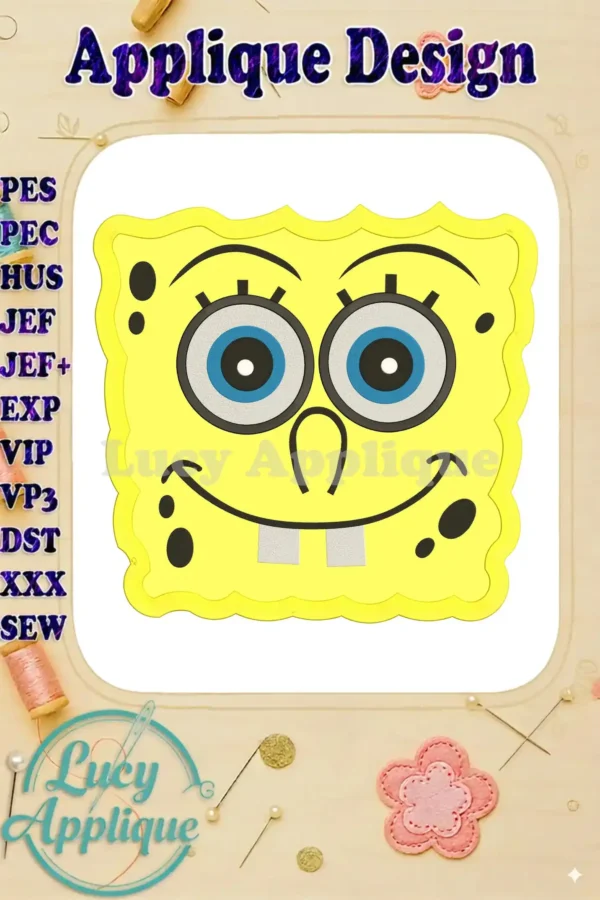 Spongebob Squarepants applique embroidery design; a cheerful yellow square with iconic facial features, ready to be stitched. Perfect for kids' clothing or home decor.