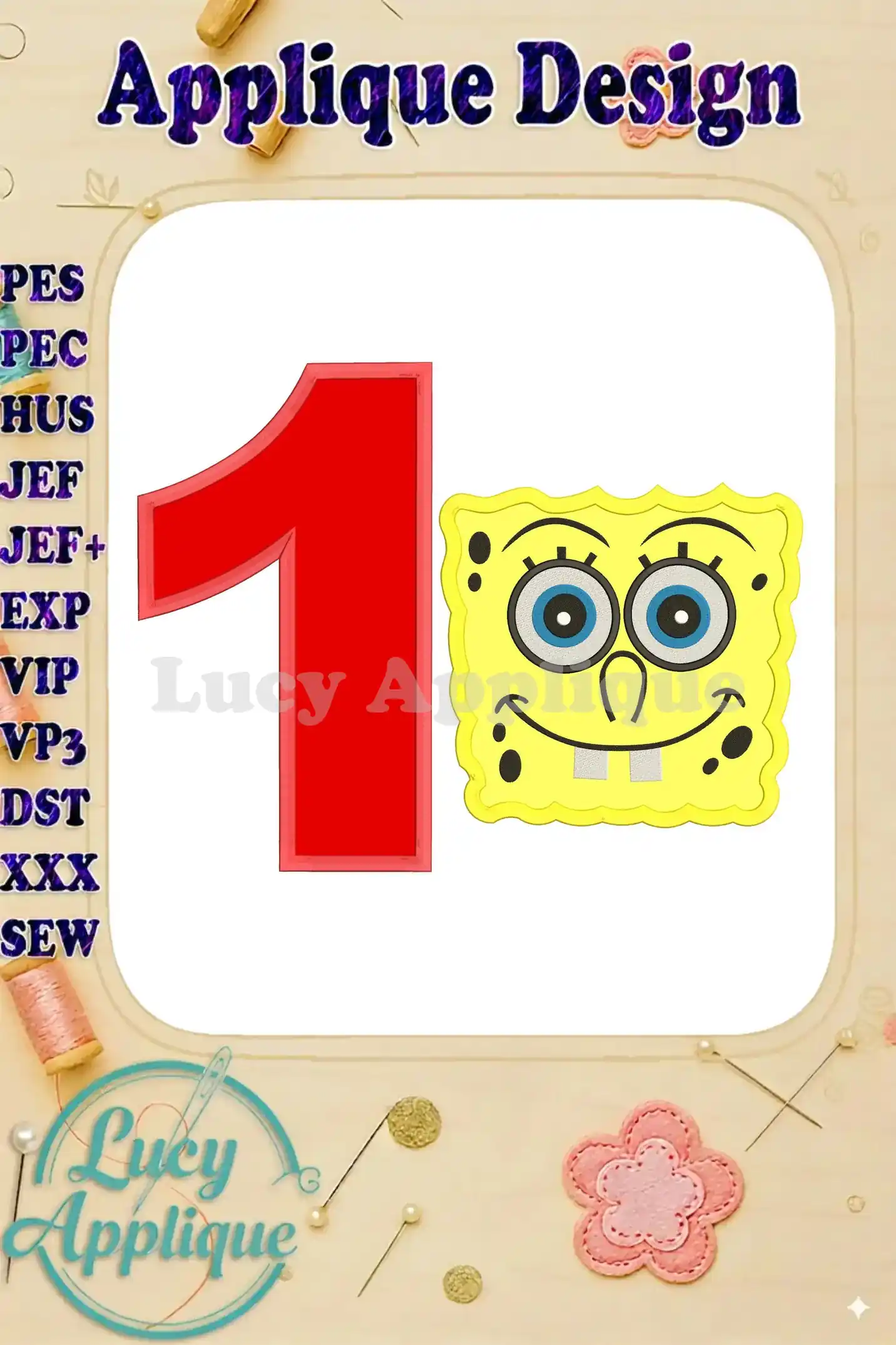 Spongebob Squarepants and the number 1 in a red applique design, perfect for a first birthday celebration. The design is cheerful and easy to embroider.