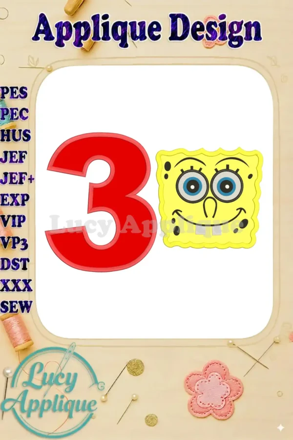 Spongebob Squarepants and the number 3 in red applique design. Perfect for a 3rd birthday. Includes various file formats.