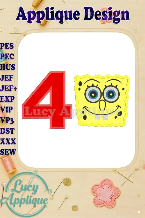 Spongebob Squarepants and the number 4 in applique design. This image showcases the final embroidered product. Suitable for birthday celebrations.