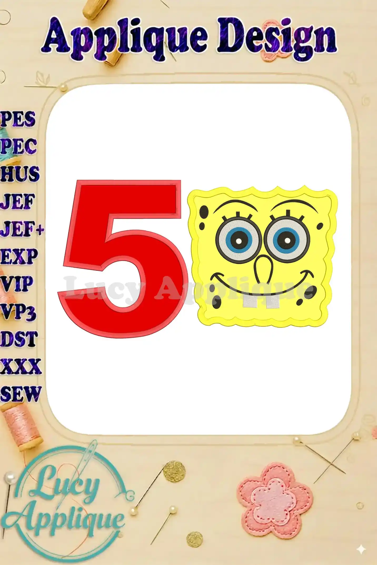 Spongebob Squarepants and the number 5 in an applique design, ready to be embroidered. The design is cheerful and perfect for a birthday celebration.