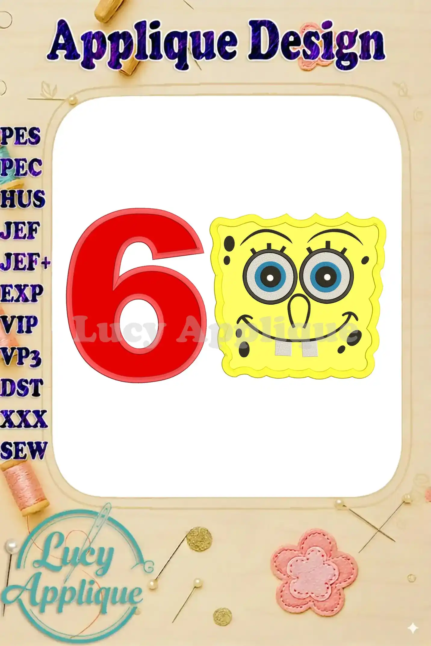 Spongebob Squarepants and the number 6 in applique design, ready to be embroidered. The design includes red number 6 and yellow Spongebob face.