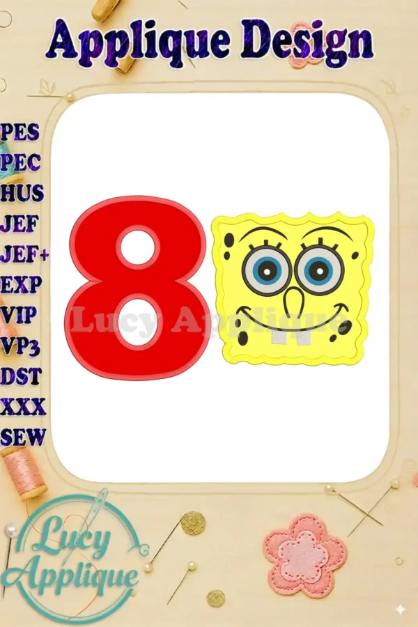 Spongebob Squarepants and the number 8 in applique embroidery design. Red number 8 and yellow Spongebob face, ready to be stitched.