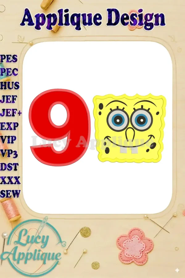 Spongebob Squarepants and the number 9, in red, designed as an applique. A fun birthday design, perfect for embroidery projects. Easy-to-follow instructions included.