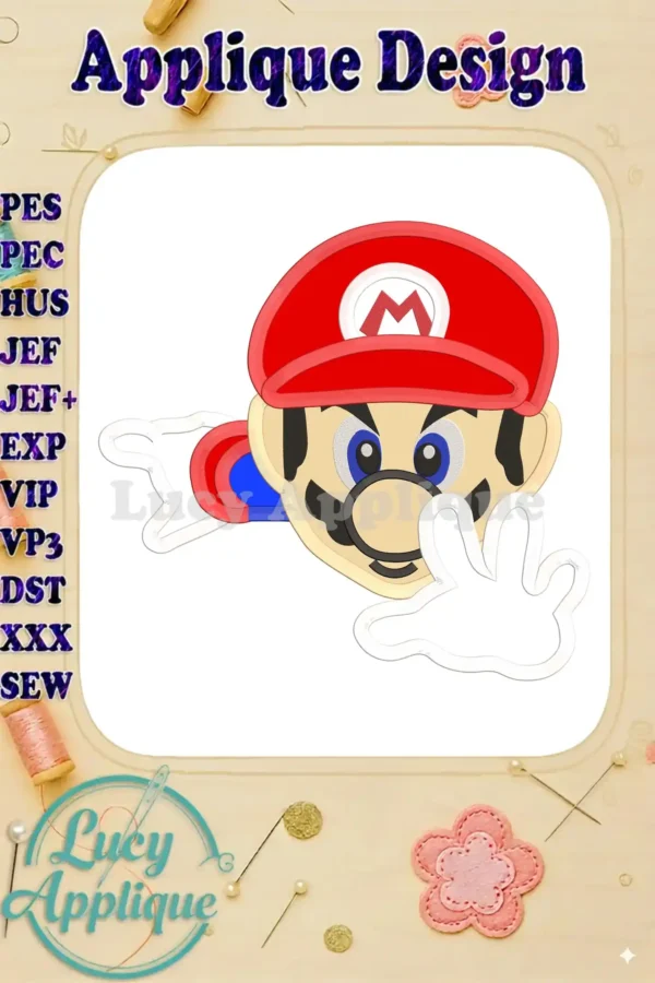 A charming applique design of Super Mario, perfect for adding a playful touch to your projects. The design showcases Mario's iconic features in vibrant colors.