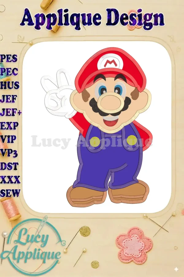 Super Mario applique embroidery design. The image showcases a cheerful depiction of Mario, ready to stitch. Perfect for adding a touch of fun to any project!