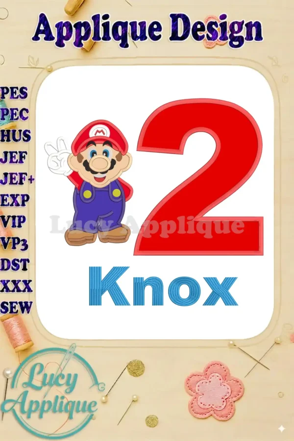 Super Mario and the number 2 applique design for Knox's 2nd birthday. The design includes a playful Mario character and personalized name.