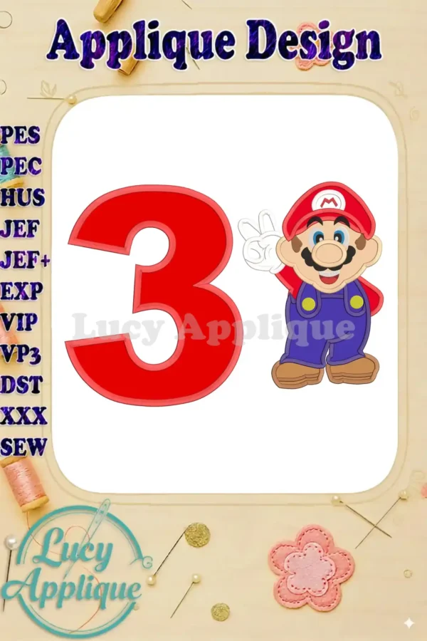 A charming Super Mario applique design featuring the number 3, perfect for a birthday celebration. The design is vibrant and playful, making it ideal for adding a festive touch to various projects.