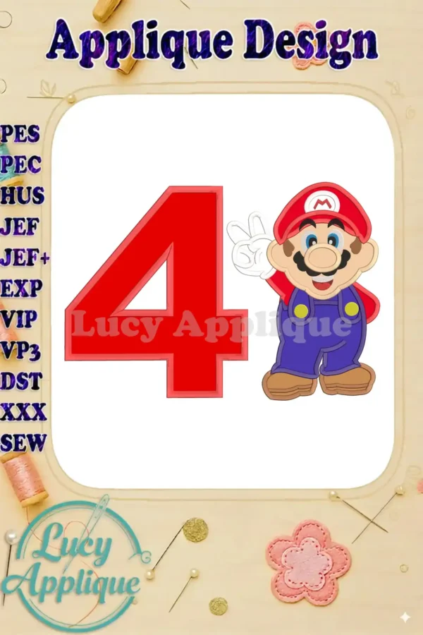 Super Mario Number 4 Applique Design. Embroidered number four with Super Mario character. Perfect for birthday projects. Easy-to-follow instructions included.