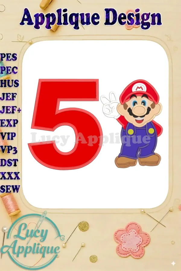 A delightful applique design showcasing Super Mario and the number 5, perfect for a 5th birthday celebration. The design is vibrant and ready to be stitched.