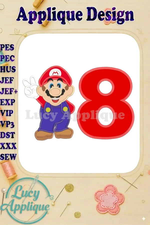 Super Mario and the number 8 applique design, ready to be stitched. Perfect for an 8th birthday, featuring vibrant colors and detailed embroidery.