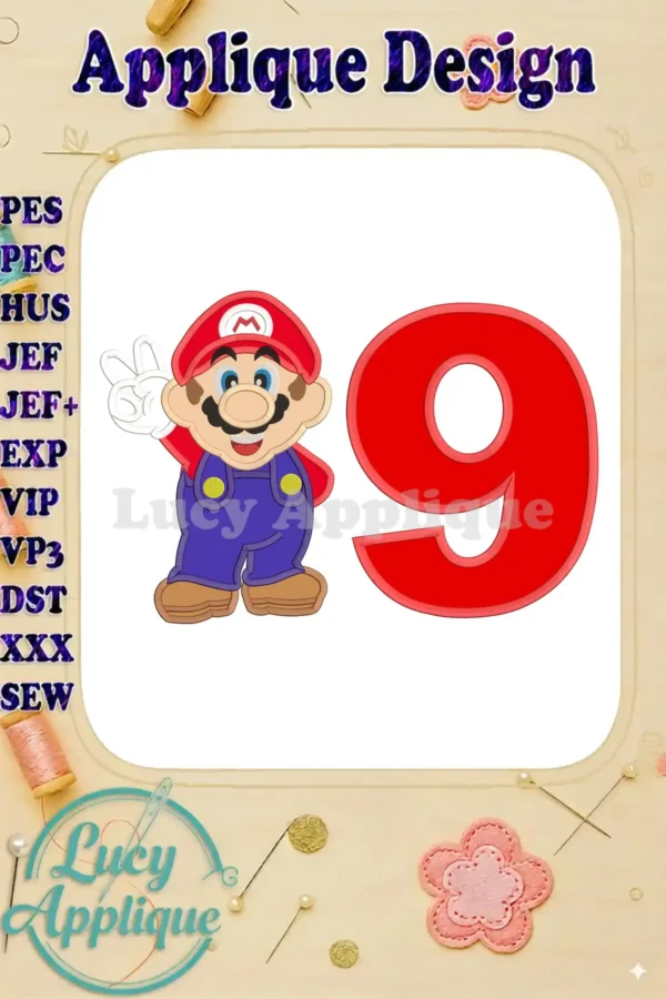 Embroidery design featuring Super Mario and the number 9, perfect for a birthday celebration. The applique design is shown on a cream background.