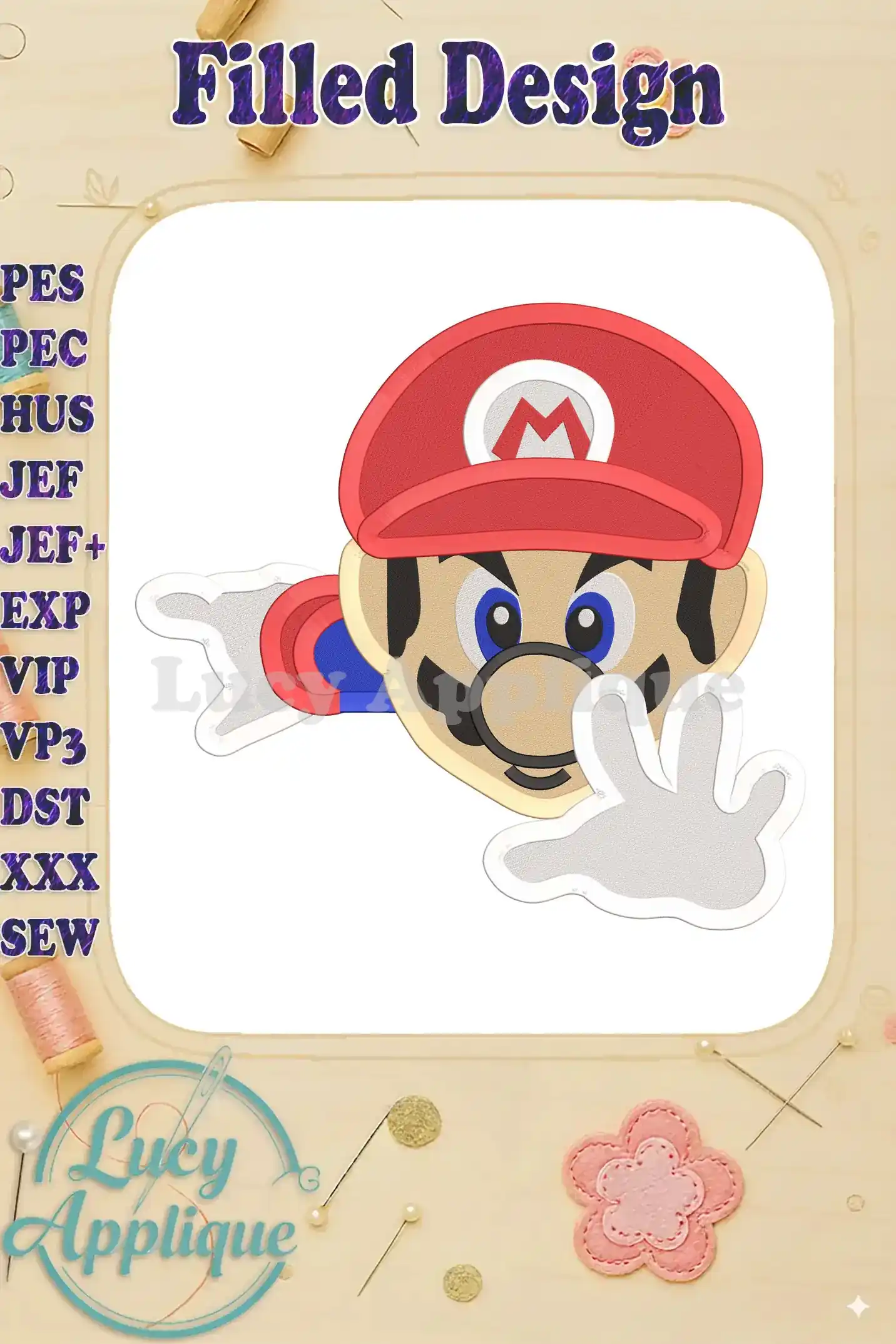 A close-up of a Super Mario filled embroidery design. The design showcases Mario's iconic features, including his hat, mustache, and overalls. This is a high-quality, detailed embroidery pattern.