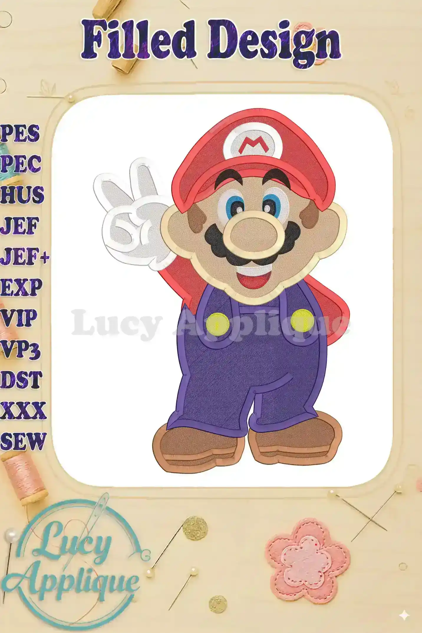 Super Mario filled machine embroidery design showcasing Mario giving a peace sign. The design is vibrant and features filled stitches for a smooth finish. Perfect for apparel or home decor.