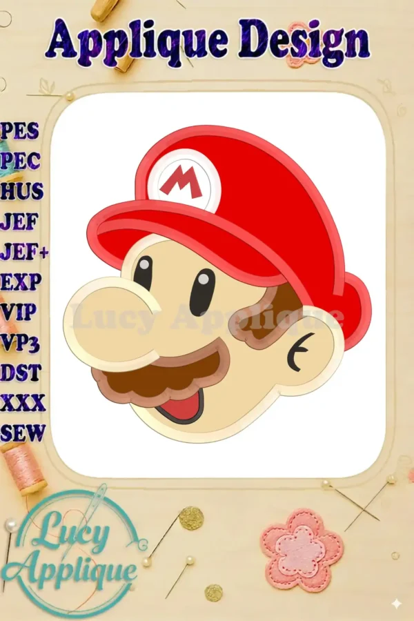 Super Mario head applique embroidery design in red and beige, shown in a digital preview. Includes various file formats and a detailed color chart. Ideal for sewing enthusiasts.