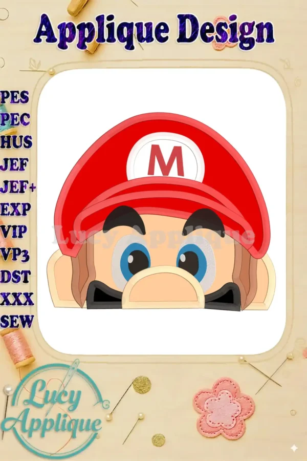 Super Mario head applique embroidery design. Red cap, mustache, and iconic 'M'. Detailed instructions included for various machine formats.