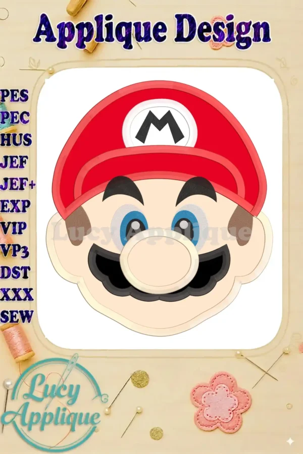 Super Mario head applique embroidery design in red, white, and blue. The design is presented on a white background with various file formats listed.