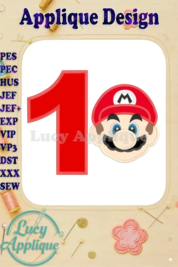 Super Mario Head and Number 1 Applique Design. This image showcases a vibrant applique design featuring Mario's head beside the number 1, ideal for a birthday celebration.