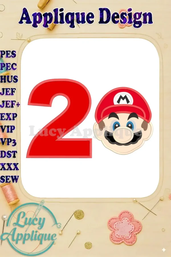 Super Mario Head and Number 2 Applique Design. A charming applique design perfect for a 2nd birthday celebration.