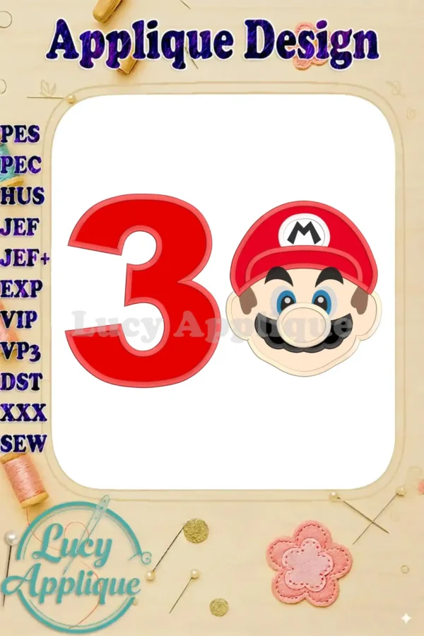 Embroidery design featuring Super Mario's head and the number 3, ideal for birthdays. The design is presented as an applique, suitable for various fabrics and projects.