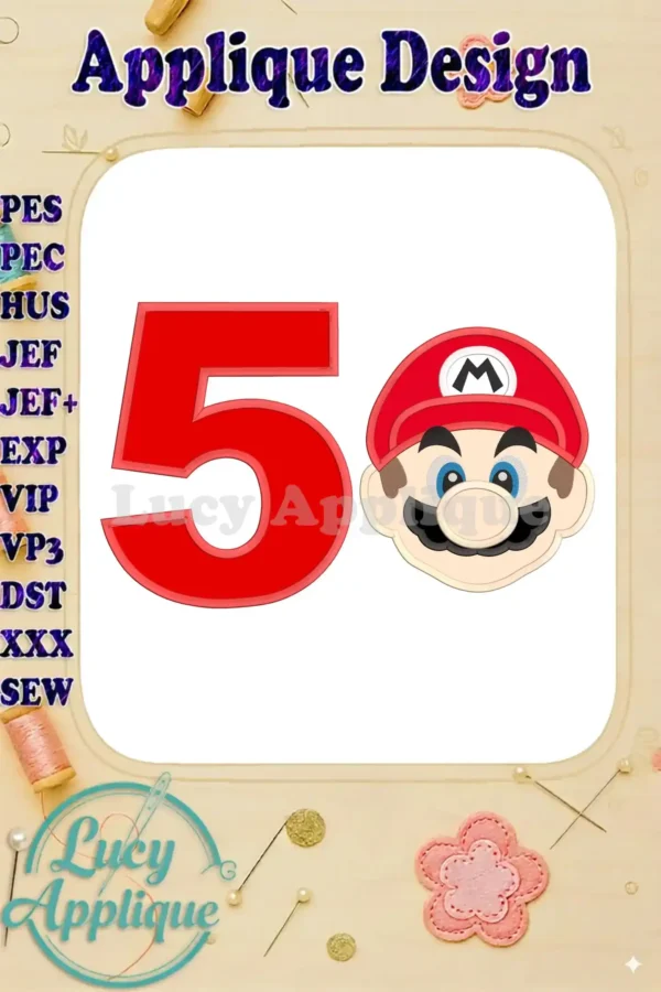 Super Mario head and number 5 applique design. Red and white color scheme. Perfect for birthdays. Includes PES, HUS, JEF, JEF